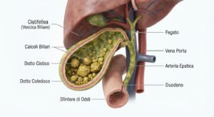 Illustrazione medica di calcoli all'interno della cistifellea.