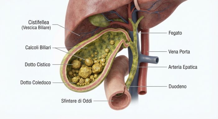 Illustrazione medica di calcoli all'interno della cistifellea.