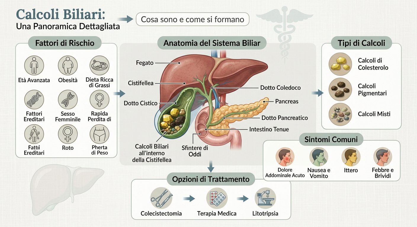Infografica sui fattori di rischio dei calcoli biliari.