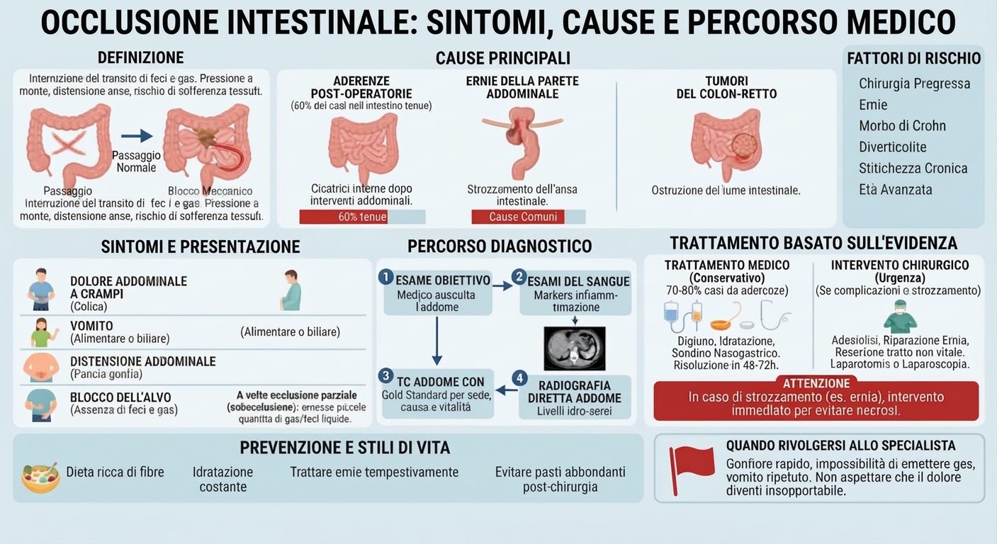 infografica medica occlusione intestinale con cause , sintomi e rimedi